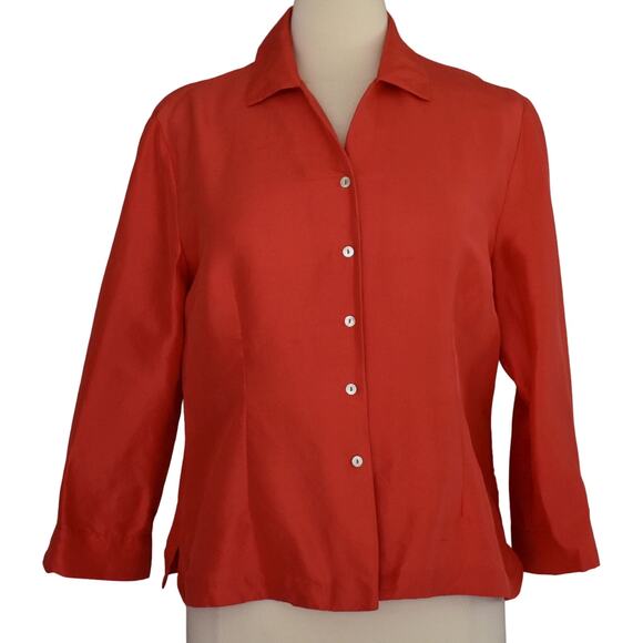 90s Dupioni Silk Blouse, Bracelet Length Sleeve Blouse, Red Minimalist Shirt, L - Picture 2 of 6